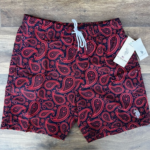 U.S. Polo Assn. Red Paisley Swim Trunks - Picture 1 of 8
